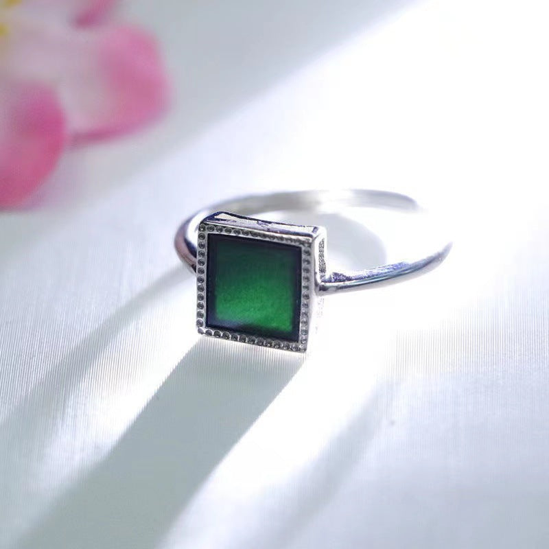Icy Dark Jadeite Square 925 Silver Ring