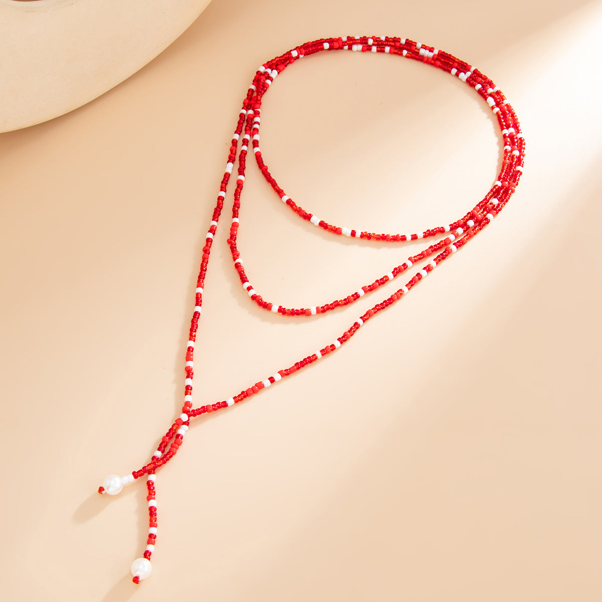 Long Winding Y-Shaped Fringed Pearl Necklace Holiday Style Red Rice Beads Beaded