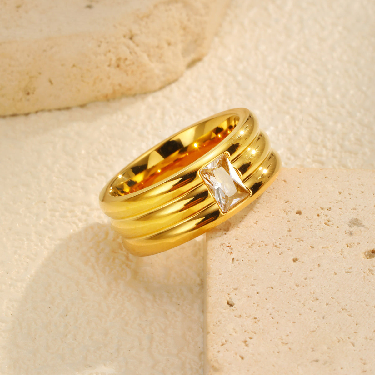 Unisex – Stainless Steel Plated Three-Layer Rectangular White Zircon Ring