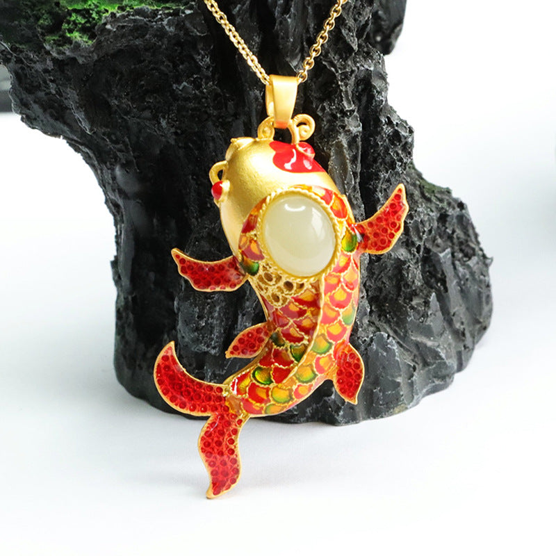 Exquisite Natural Hotan Jade Pendant with Clear Red Koi Enamel Design