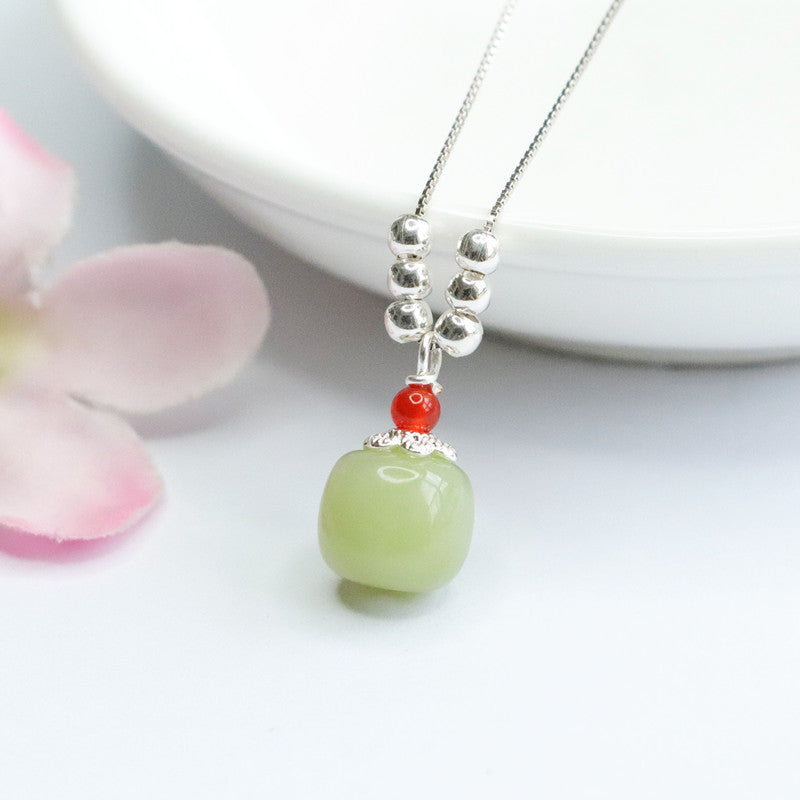 Hetian Jade Sterling Silver Bucket Beads Necklace