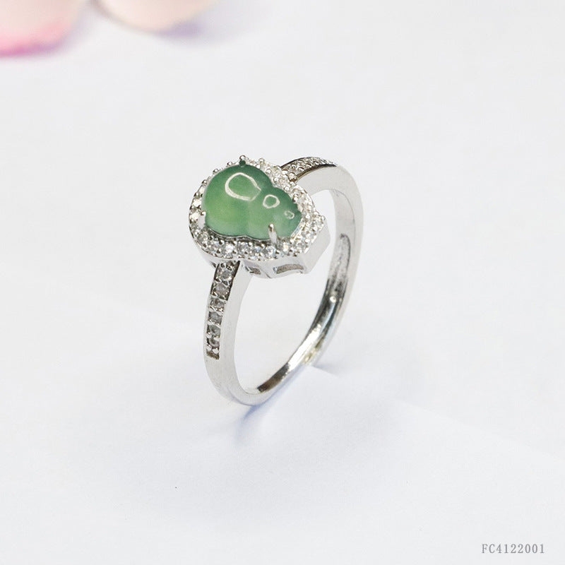 Blue Water Jadeite Gourd Pavé-Style Ring