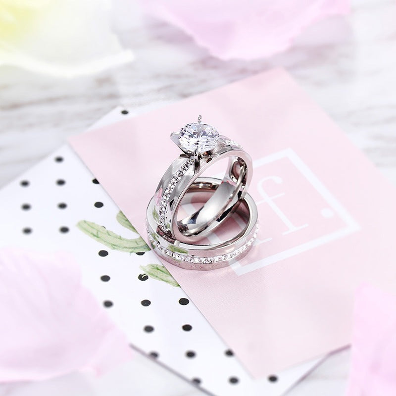 Hammer Texture Inlaid Zircon Titanium Steel Couple Ring, Stainless Steel Pair Ring Valentine's