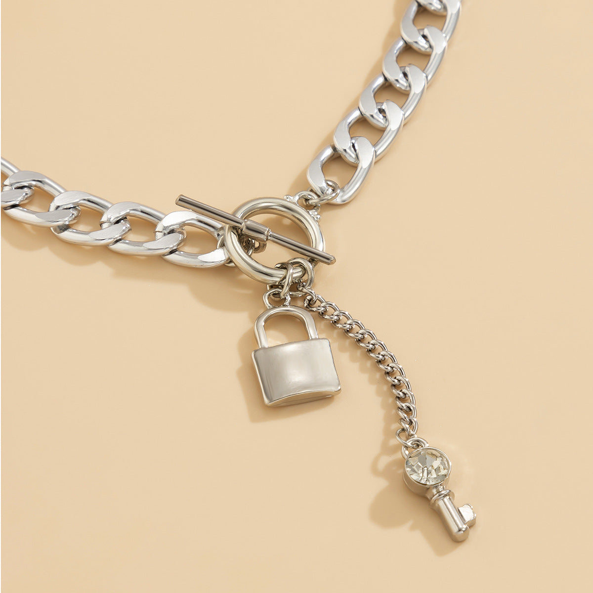 Punk Thick Chain Lock-Shaped Key Pendant Necklace Micro-Inlaid Chain Geometric Ot Buckle