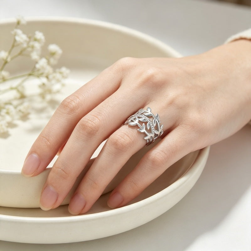 Hollow Olive Branch Inlaid Zircon Titanium Steel Ring 26mm Wide