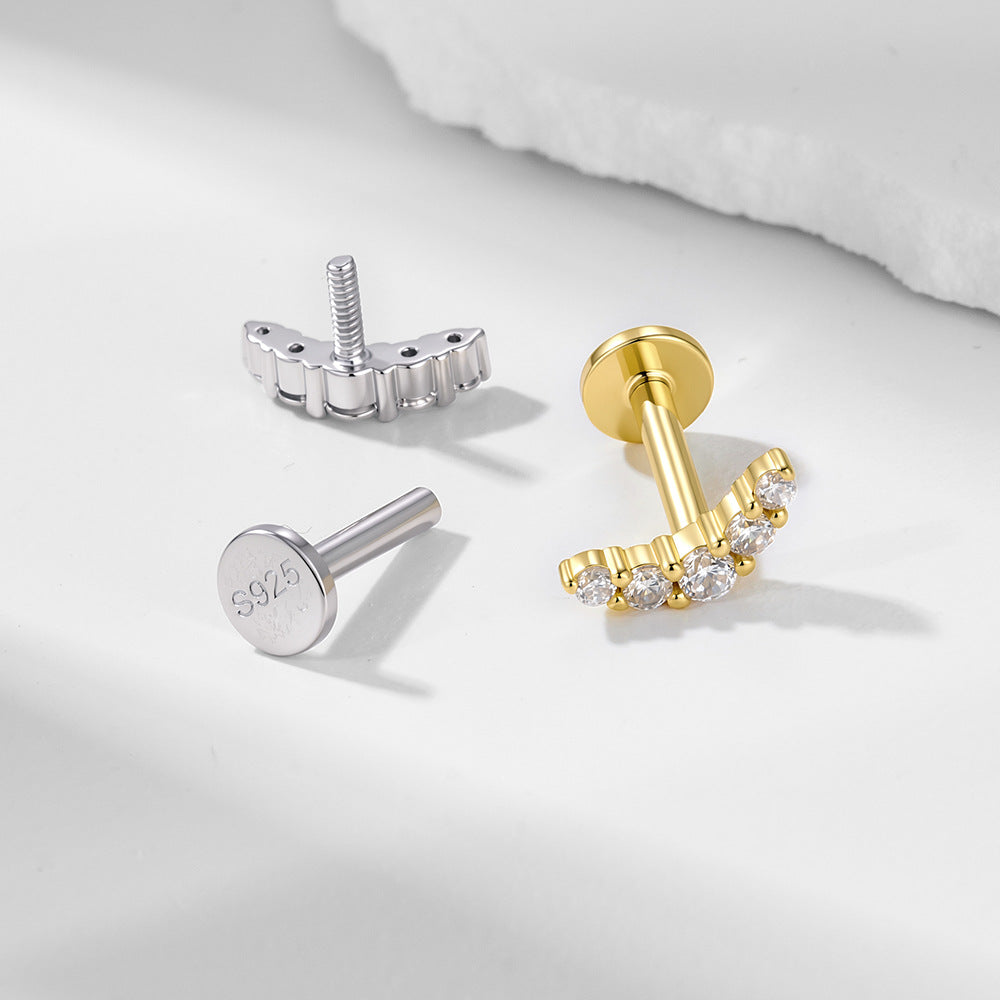 S925 Pure Silver Daily Zircon Cartilage Flat Head Spiral Piercing Ear Stud Earrings