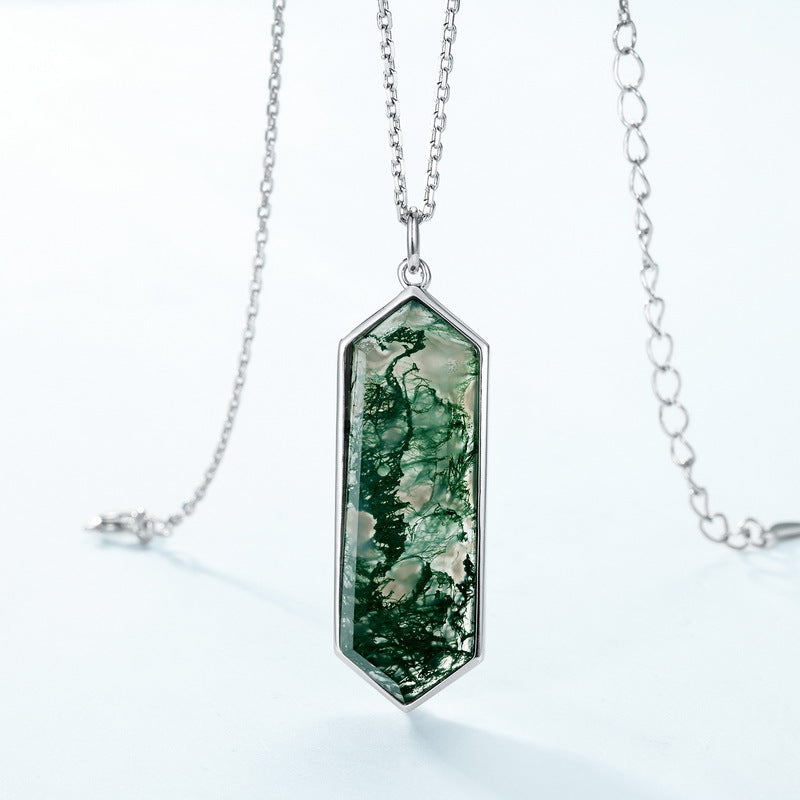 S925 Sterling Silver Moss Agate Geometric Pendant Necklace