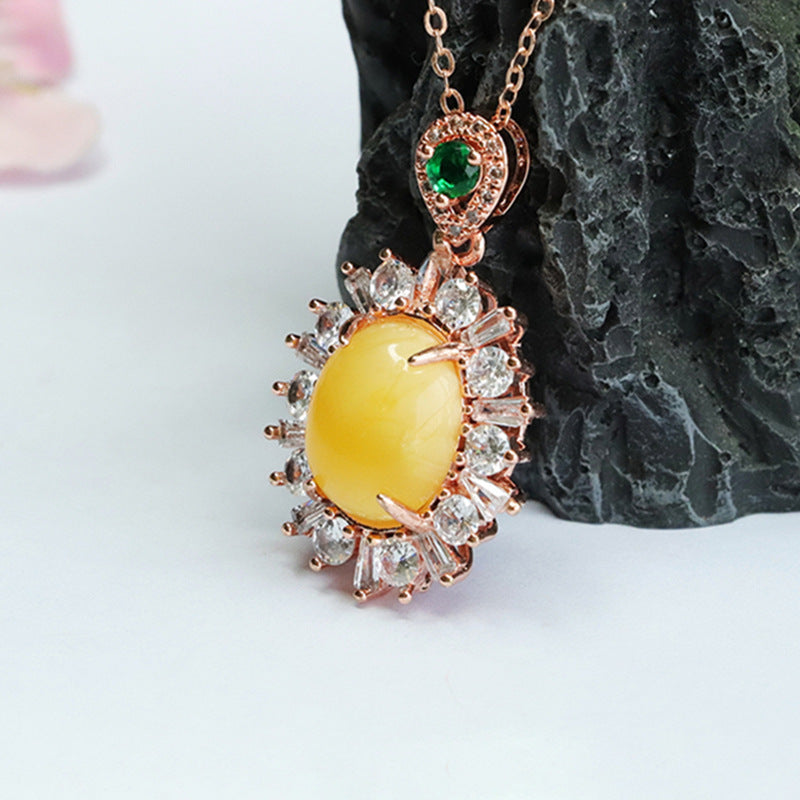 Amber Necklace with Zircon Gemstone Halo and Beeswax Pendant