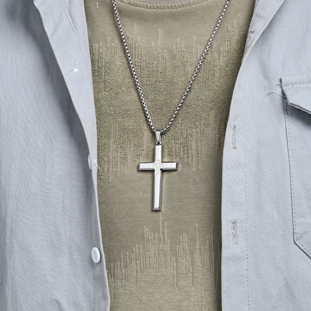 Planderful Cross Necklace For Men Titanium Steel Inlaid Zircon Pendant Simple Fashion