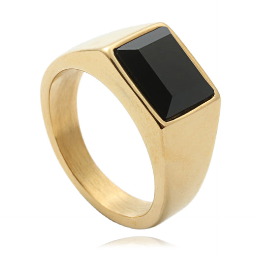 Titanium Steel Square Black Stone Ring for Men - Retro Punk Style