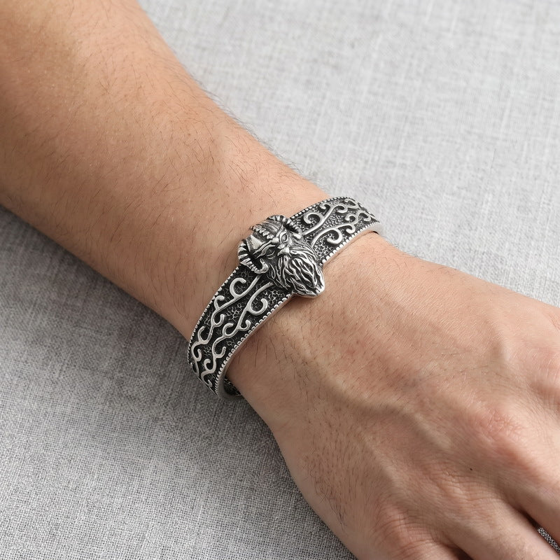 Nordic Viking Luhn Rune Kyle Knot Wide Face Bracelet Sheep Head Warrior Stainless Steel