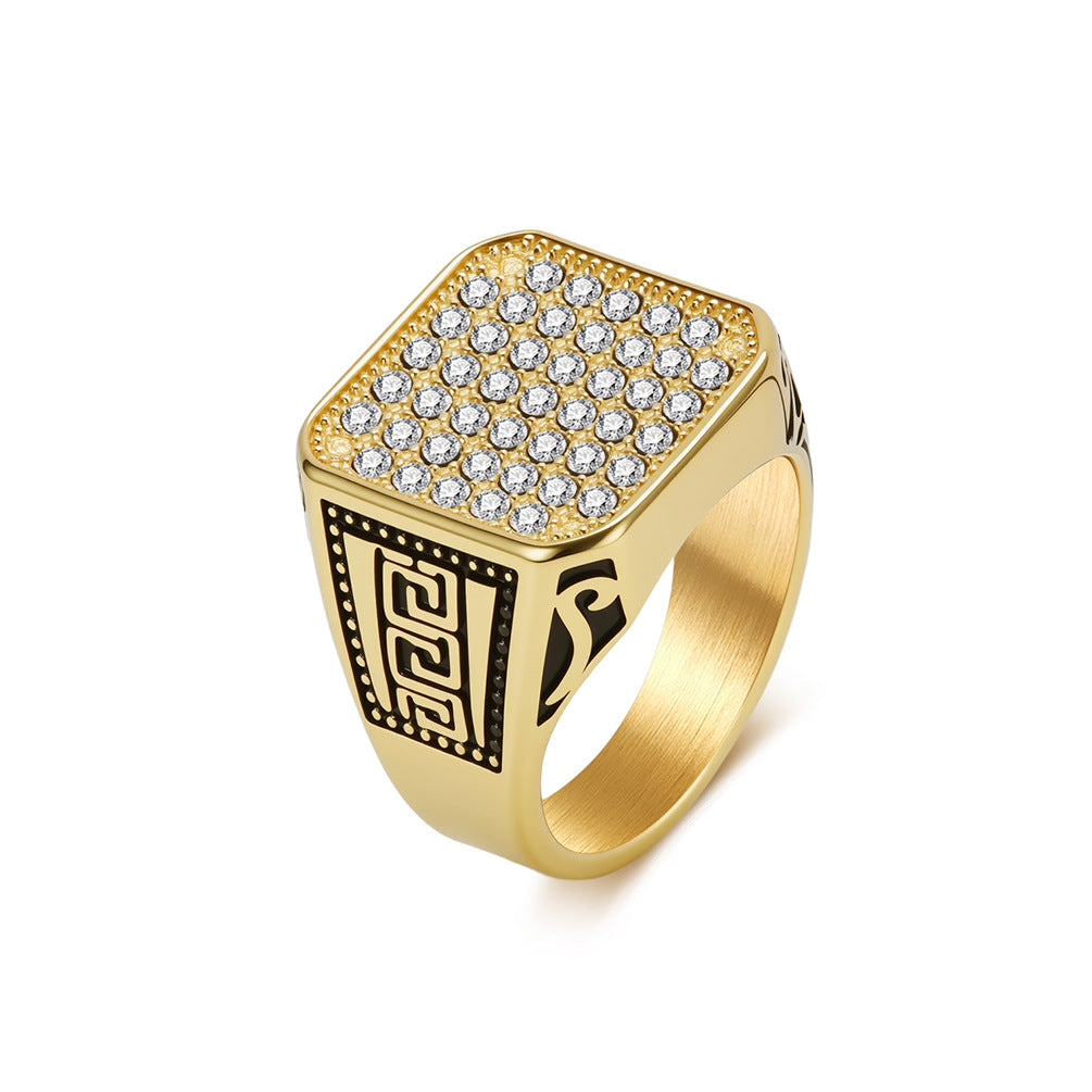 Great Wall Pattern Pavé Zircon Seal Stainless Steel Ring Men's Gold-Plated Index