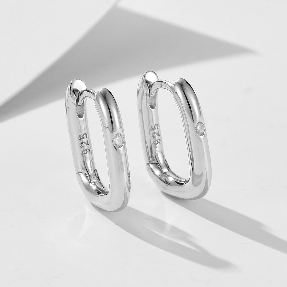 Cold Wind Retro Geometric Smooth Surface Oval U-Shaped Sterling Silver Earrings Versatile Zircon