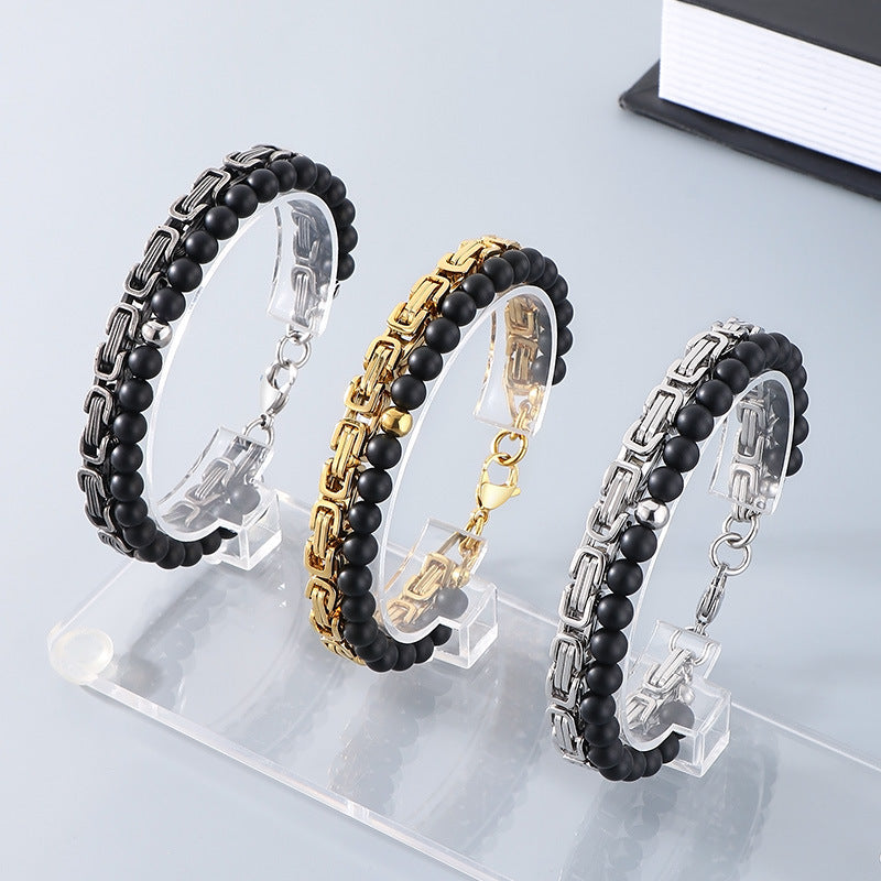Planderful Mens Black Agate Double Layer Emperor Bracelet
