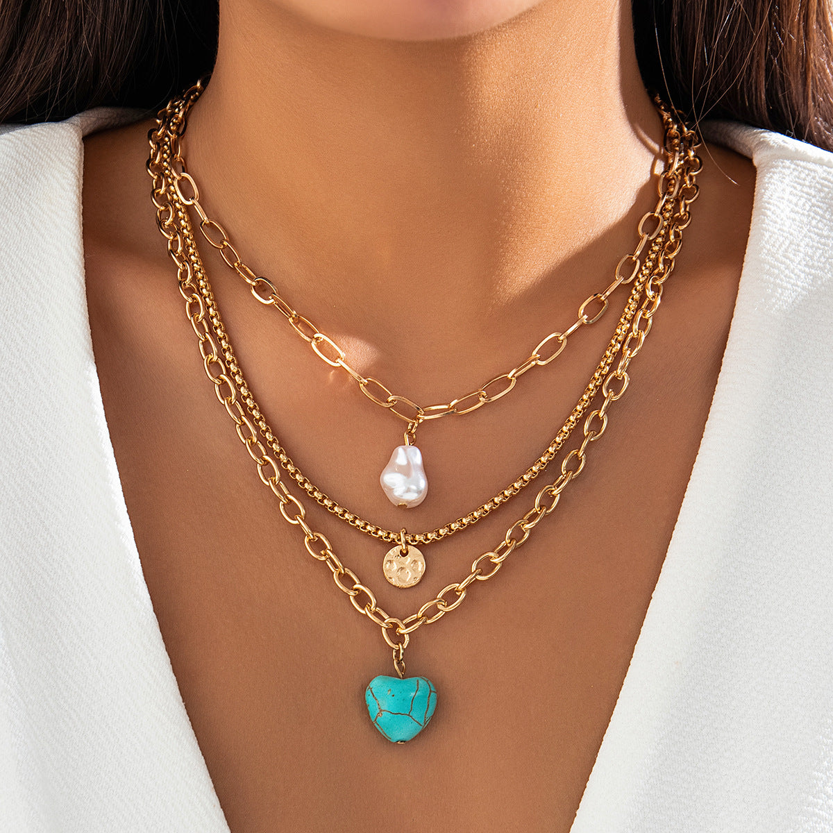 National Heart Necklace with Turquoise Pendant and Baroque Imitation Pearl Accents