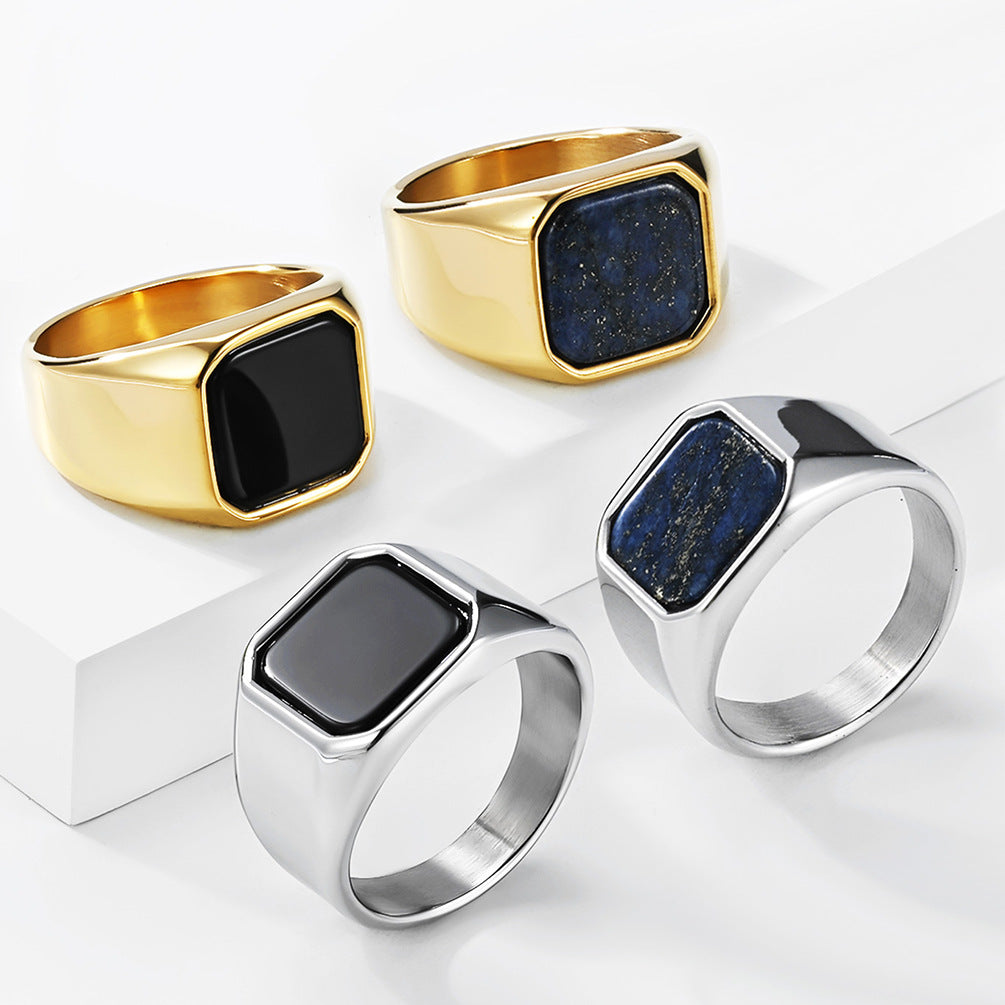 Planderful Mens Titanium Steel Ring Black Gemstone Geometric Square Design Premium