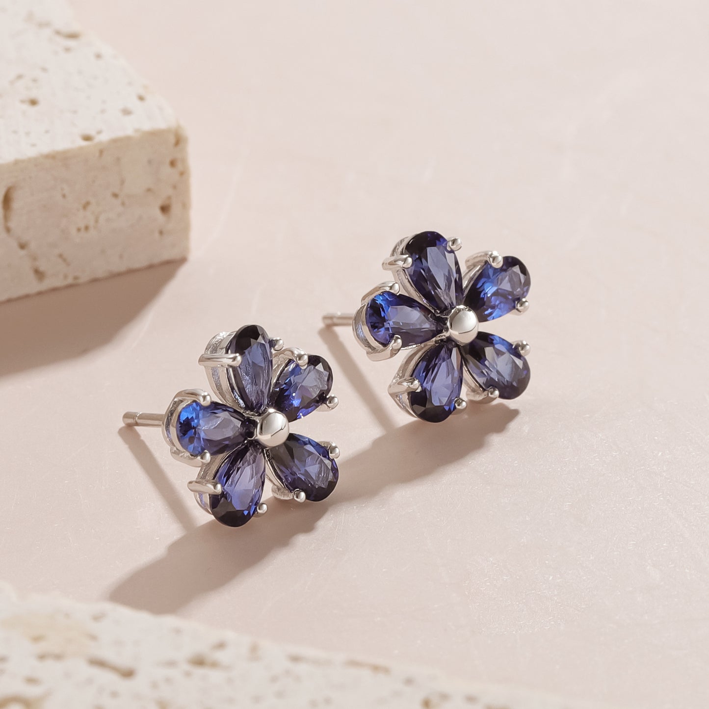 Five-Petal Flower Stud Earrings S925 Silver Lab Grown Sapphire