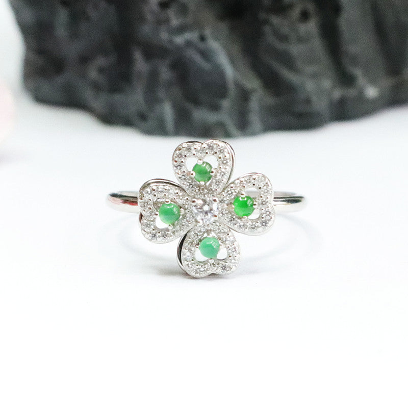 Icy Green Jadeite Clover 925 Silver Ring