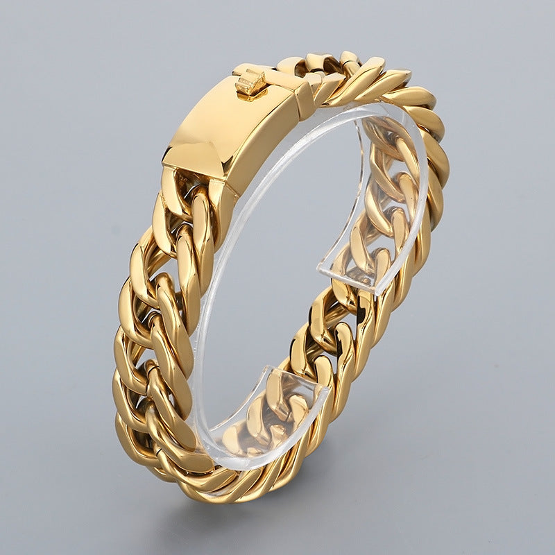 Glossy – 15mm Double Woven Four-Sided Grinding Cuban Chain Titanium Steel Men's Casting Bracelet