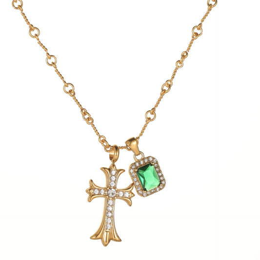Planderful Jewelry Emerald Zircon Cross Necklace For Men And Women In Titanium Steel Hip Hop Chain