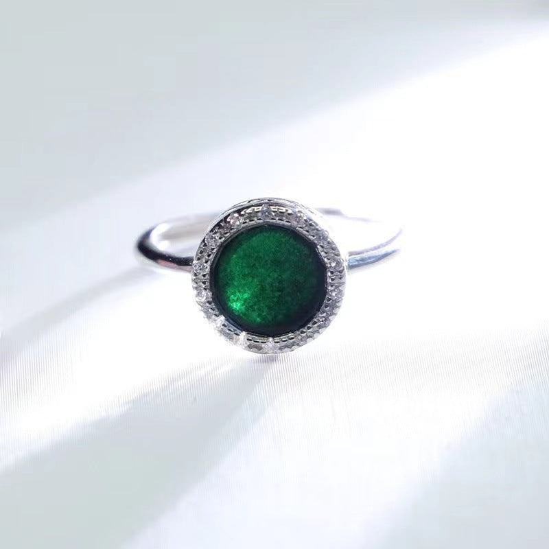 Sterling Silver Adjustable Round Blackish Green Jade Ring