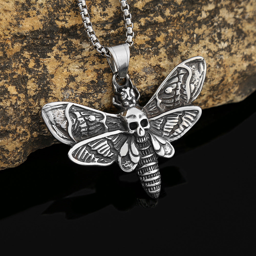 European And American Men's Fashion Jewelry Wholesale Stainless Steel Retro Moth Skull Pendant Necklace