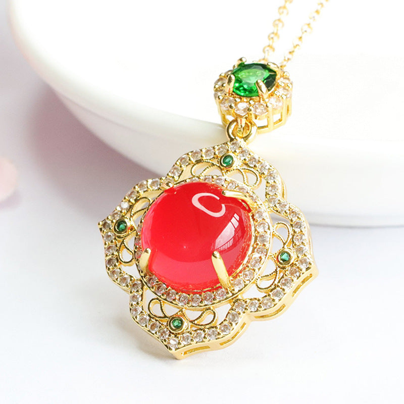 Circular Red Agate Vintage Zircon Petal Necklace