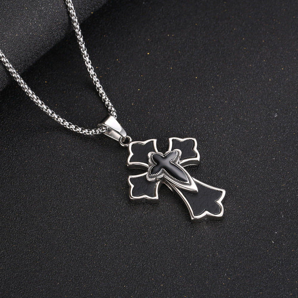 Trendy Men's Titanium Steel Cross Pendant Necklace with Sheepskin Design