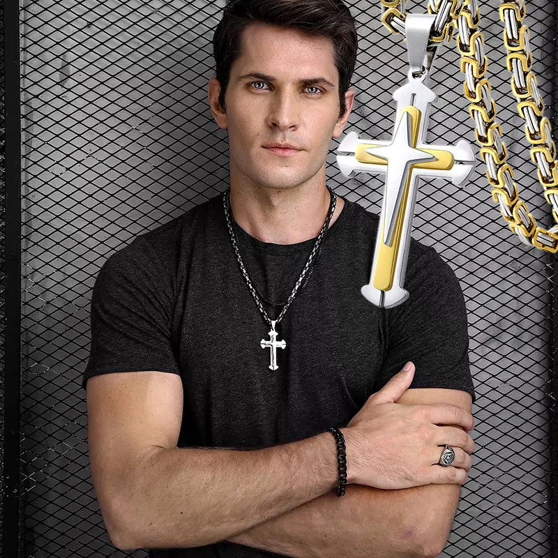 Planderful Everyday Genie Three Layer Cross Necklace Stainless Steel Chain Trendy Mens Fashion Jewelry