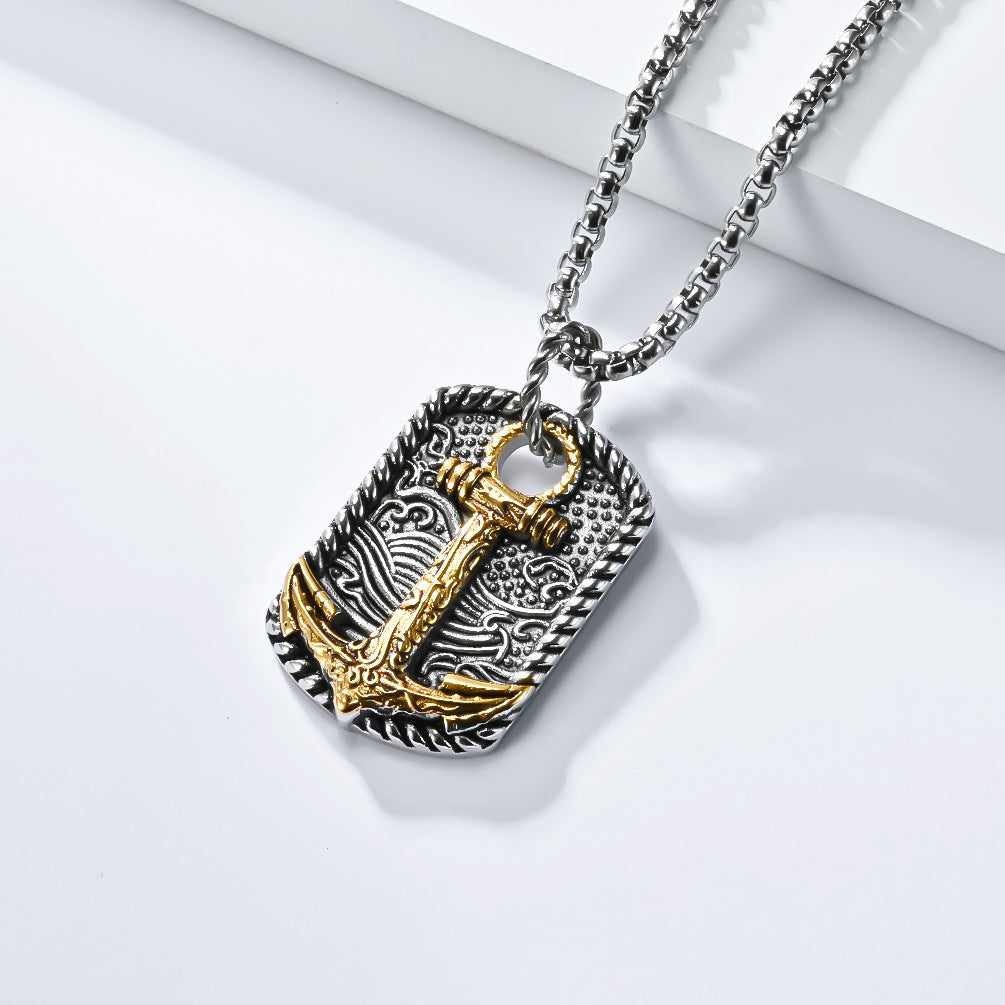 Planderful Titanium Steel Anchor Necklace for Men Retro Wave Design Durable Pendant