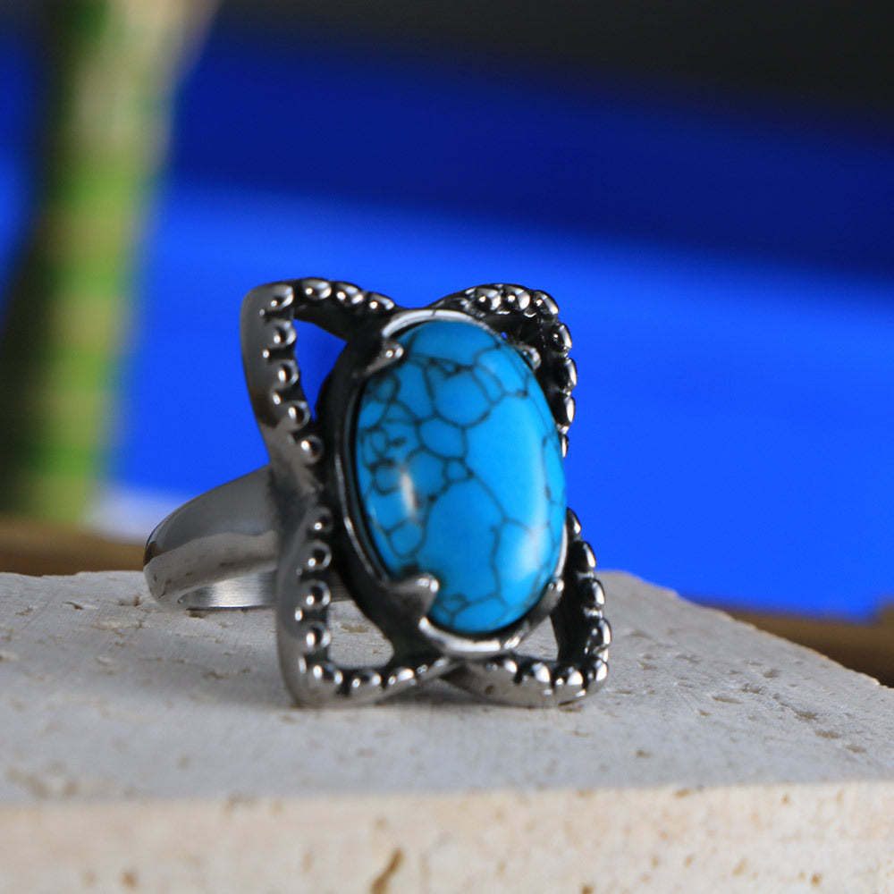 Stylish Turquoise Inlaid Rings for Women - Personalized Geometric Design in Titanium Steel
