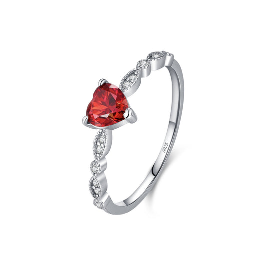 S925 Sterling Silver Red Moissanite Heart Ring