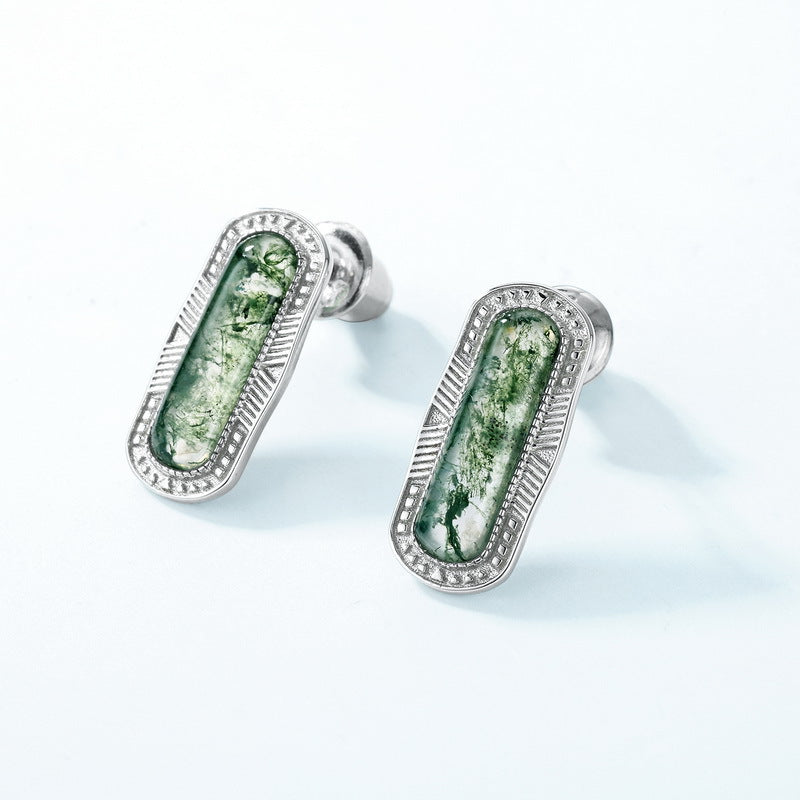 S925 Sterling Silver Moss Agate Vintage-Inspired Stud Earrings