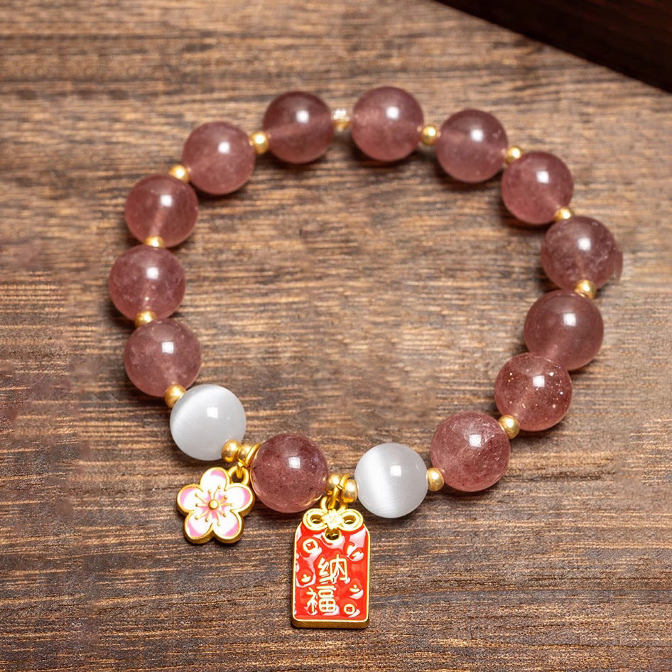 Charm Bracelet with Natural Strawberry Crystal Opal and Sterling Silver - Chinese Style Women's Gift