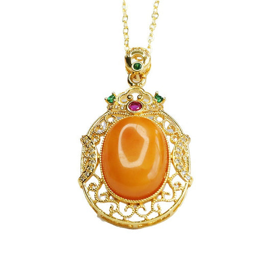 Zircon Hollow Sterling Silver Necklace with Honey Wax Amber Pendant
