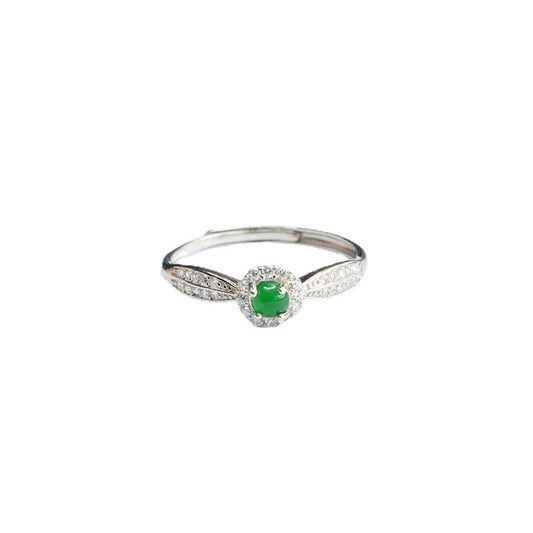 Sterling Silver Double Row Zircon Ring with Natural Ice Green Jade