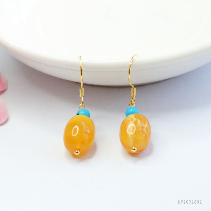 925 Sterling Silver Beeswax Amber Barrel Bead Earrings