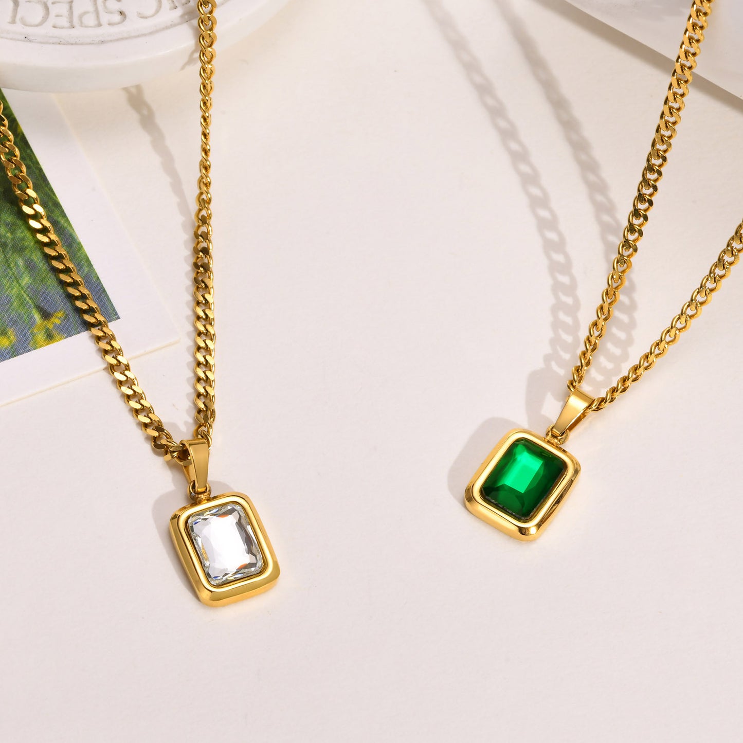 Necklace Stainless Steel White Zircon Green Zircon Gold Lady