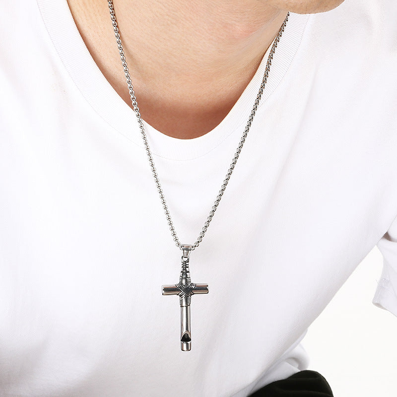Breath Whistle Can Blow Decompression Pendant, Smear Ghost Head Cross Stainless Steel Necklace