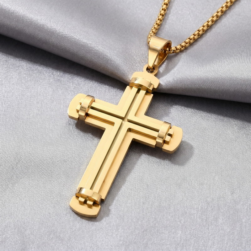 Hip-Hop Style Retro Rock Double-Layer Rivet Splicing Cross Titanium Steel Pendant Men's Color Necklace