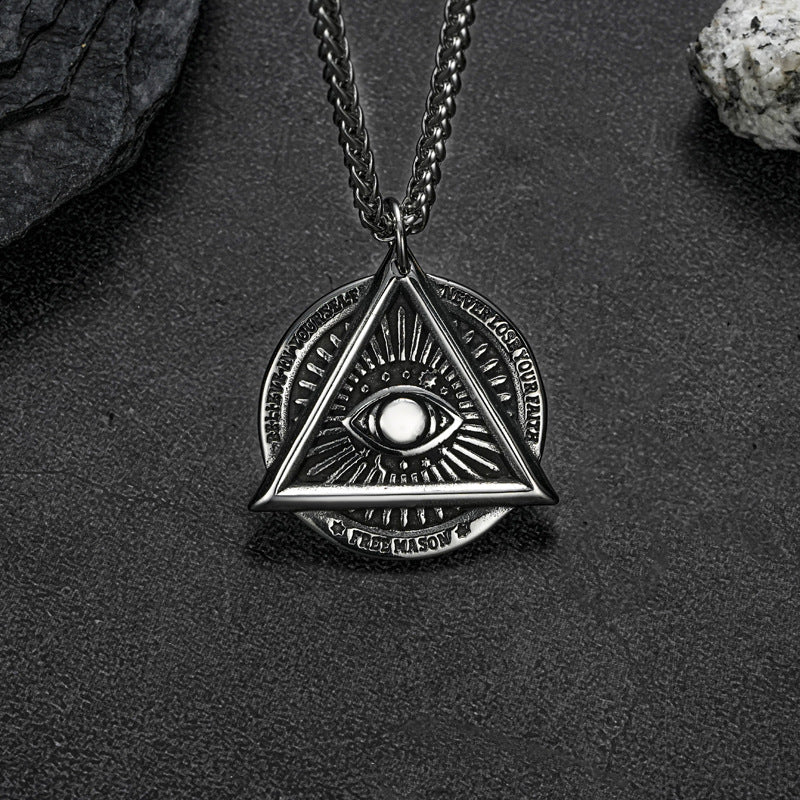 Planderful Everyday Genie Stainless Steel Devils Eye Triangle Pendant Necklace For Men Hip Hop Retro Style