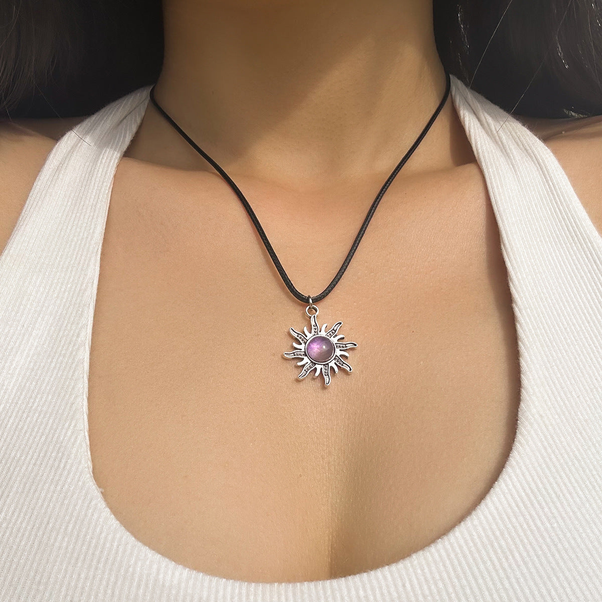 European-Inspired Wax Line Turquoise Sun Necklace with Inlaid Crystals