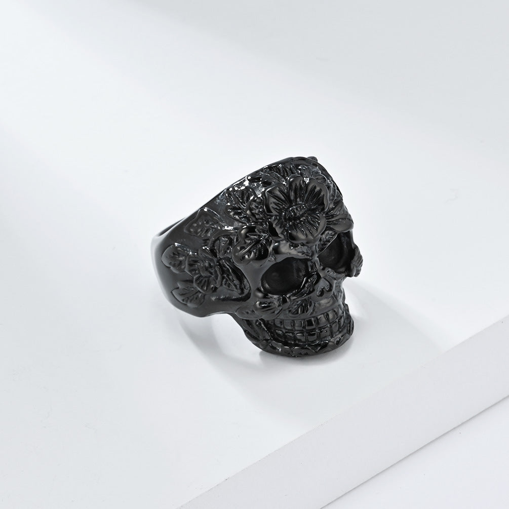 Flower Grass Skull Stainless Steel Ring Men's