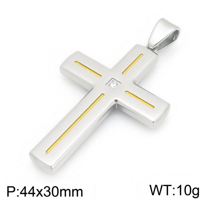 Popular Slotted Line Zircon Cross Titanium Steel Pendant Retro Contrasting Color Stainless Steel Necklace