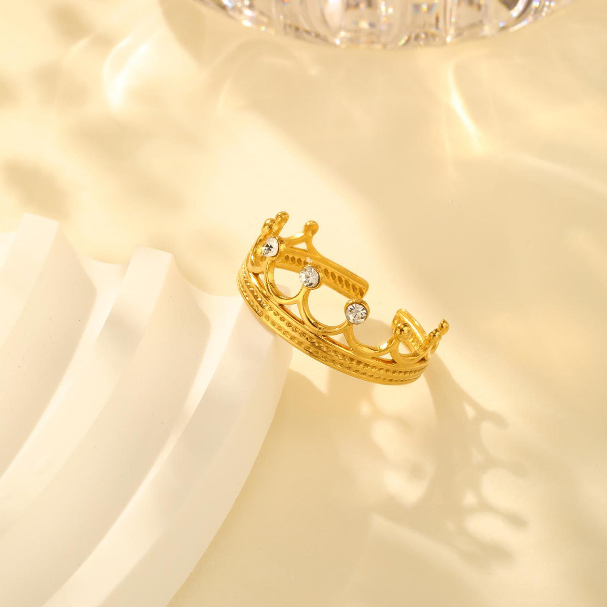 Stainless Steel Gold-Plated Design Sense Zircon Crown Opening Ring Gold