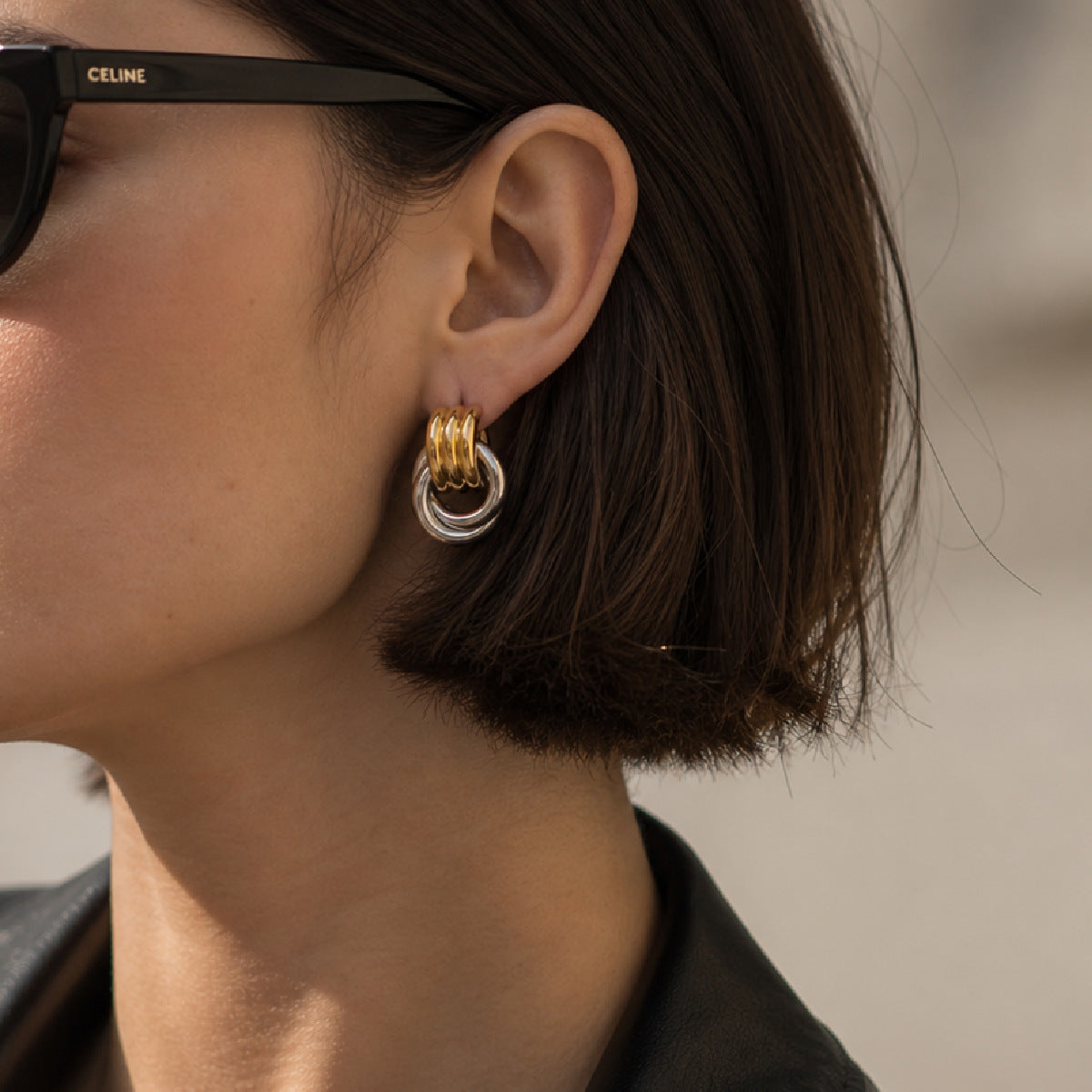Planderful Vienna Verve Stainless Steel Ring Buckle Stud Earrings With Contrasting Color Lines For Modern Fashion Lovers