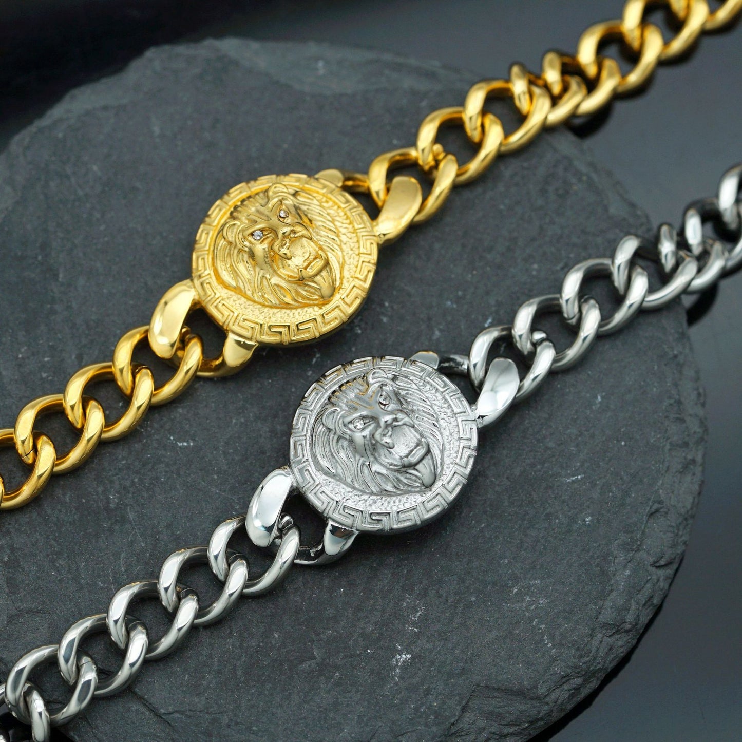 Planderful Stainless Steel Great Wall Pattern Lion Head Disc Cuban Chain Bracelet Unisex Protection Statement