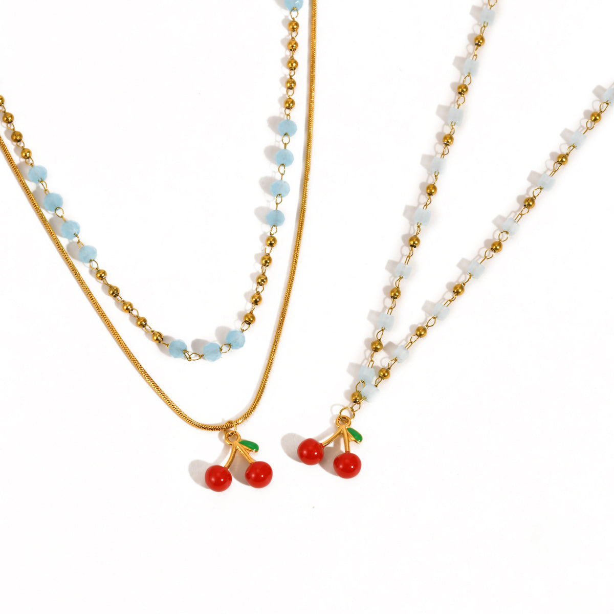 Stainless Steel Beaded Sugar Cube Necklace Light Blue Bead Chain Cherry Sweet Necklace