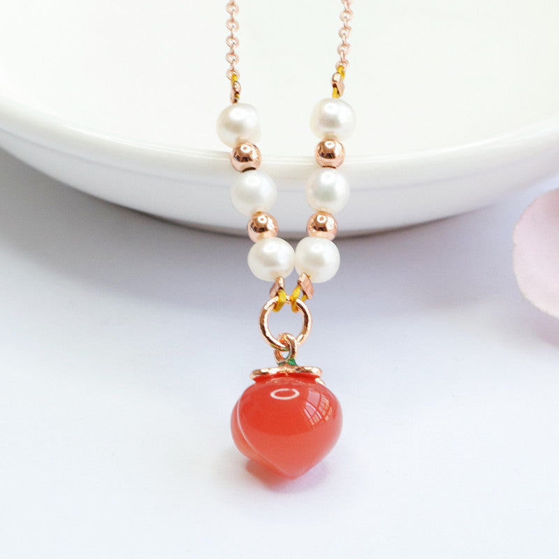 Sterling Silver Agate Peach Pendant Necklace with Pearl Beads