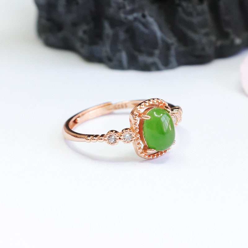 Sterling Silver Adjustable Ring with Natural Hotan Jade Jasper and Zircon Accents